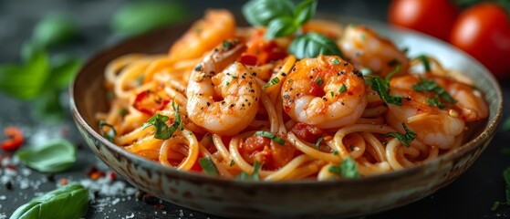 a close up of a bowl of pasta with shrimp and tomatoes on a table with basil leaves and tomatoes in the background.