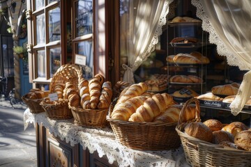A quaint European-style bakery sits along a cobblestone street. It attracts passersby with its rustic charm and inviting atmosphere. - obrazy, fototapety, plakaty