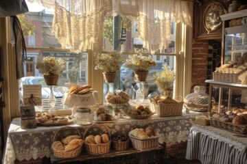 A quaint European-style bakery sits along a cobblestone street. It attracts passersby with its rustic charm and inviting atmosphere.