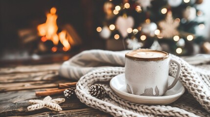A cup filled with coffee sits atop a saucer standing on a warm gray blanket by the fireplace