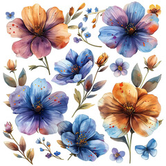 Watercolor flowers seamless pattern with background and leaves