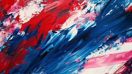 An artistic Independence Day background with the USA flag painted in broad, impressionistic strokes on canvas, blending red, white, and blue in a vibrant celebration of American independence.