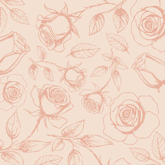 Seamless Pattern with Roses. Romantic Line Art Vectors. Fashion and adorable Rose Flower Patterns. Petals and Leaves. Modern and Chic Background and Patterns.