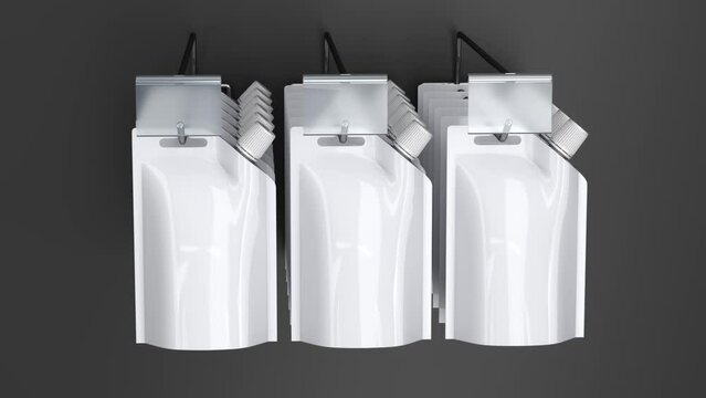Movement around the mockup blank spout pouches with cap on euro hooks with price holders. 3d animation on gray background