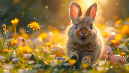 Cute Easter bunny running in the meadow with colorful eggs