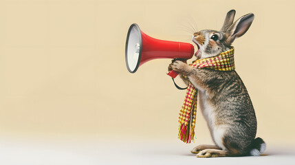 Rabbit announcing using megaphone. Notifying, warning, announcement.