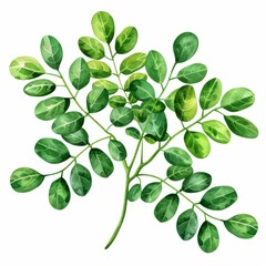 Fresh moringa leaves, watercolor style, vivid green, on a white background