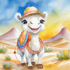 Uśmiechnięty wielbłąd na pustyni ilustracja - obrazy, fototapety, plakaty