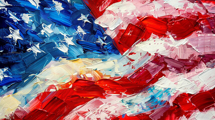 An artistic Independence Day background with the USA flag painted in broad, impressionistic strokes on canvas, blending red, white, and blue in a vibrant celebration of American independence. - obrazy, fototapety, plakaty