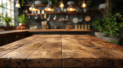 Wood table top on blurred kitchen background. can be used mock up for montage products display or design layout.