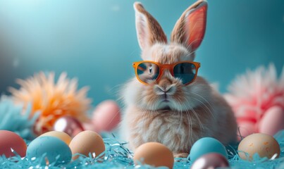 Fototapeta na wymiar Cute Easter bunny with sunglasses and colorful eggs