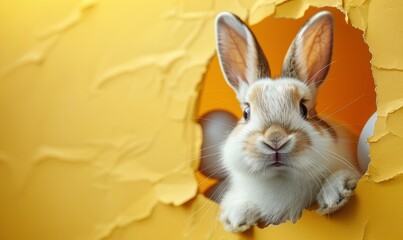 Easter banner with hole in yellow paper background and cute rabbit head sticking out - obrazy, fototapety, plakaty