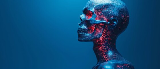 a woman's face is covered in blue and red paint, while the image of a skull appears to be in the shape of a human head.