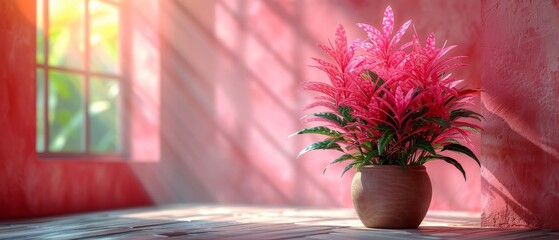 a potted plant sitting on top of a wooden floor next to a pink wall with a window behind it. - obrazy, fototapety, plakaty