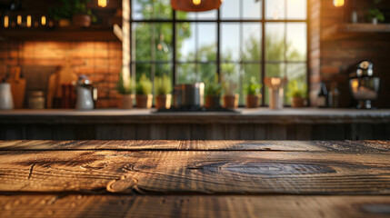 Wood table top on blurred kitchen background. can be used mock up for montage products display or...