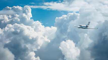 airplane in flight. above the clouds, view from side, copy space