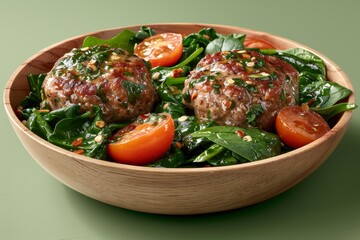 Juicy pan-fried meatballs served on a fresh bed of spinach, garnished with cherry tomatoes and pine nuts.