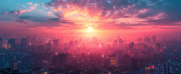 A wide-angle shot of a futuristic city panorama in a haze against a sunset sky. Fantasy illustration in cyberpunk style. Futuristic city scene in a style of sci-fi art. 80's wallpaper. - obrazy, fototapety, plakaty