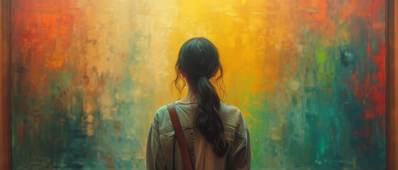 a woman standing in front of a painting in an art gallery looking at the colors of the painting on the wall.