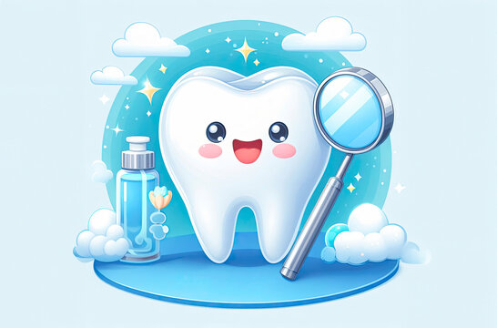 A happy tooth illustration. Cartoon dental character. Cute dentist mascot. Medical dentist tool.