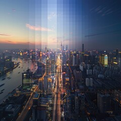 Obraz premium A time-lapse image of a bustling cityscape from dawn to dusk showcasing urban growth and development
