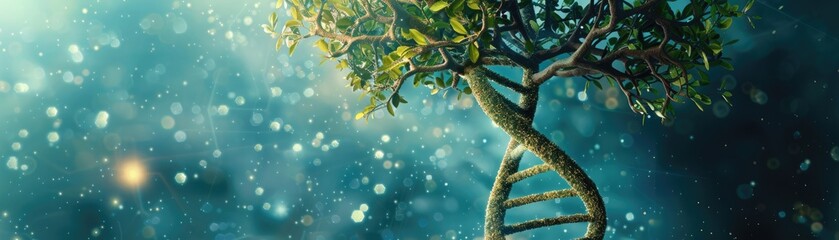 An artistic representation of a DNA helix transforming into a tree connecting biological growth with life - obrazy, fototapety, plakaty