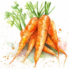 Watercolor clipart of a bunch of organic carrots, vibrant orange, on a white background