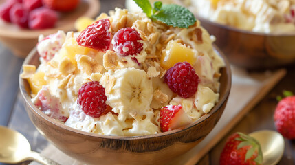 Bowl of oatmeal with fresh raspberries, bananas and whipped cream