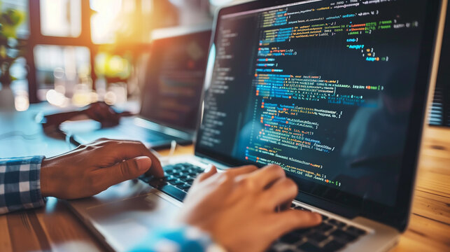 Programmer working on laptop computer in modern office. Software development and coding concept.
