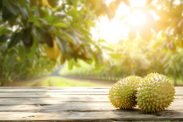Durian fruit on wooden table with blur durian tree background.