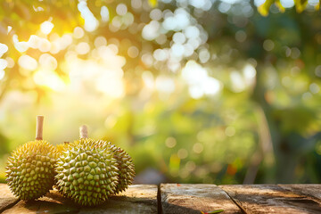 Durian fruit on wooden table with blur durian tree background.