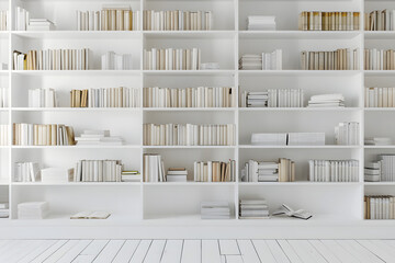 Books on white shelf.