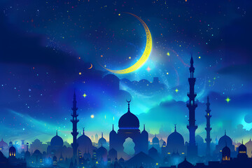 Crescent moon Islamic with mosque for Ramadan Kareem and Eid Mubarak background.