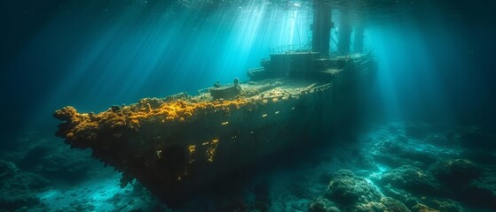 an underwater view of a sunken ship in the ocean with sunlight streaming through the water, with the hull of the ship partially submerged in the water.