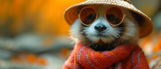 Fototapeta premium a close up of a small animal wearing a hat and scarf with goggles and a scarf around its neck.