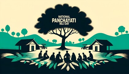 Illustration for national panchayati raj day with a silhouette of a group of people sitting under a tree.