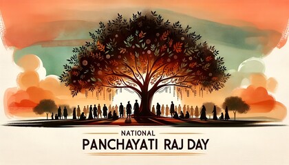 Watercolor illustration with a group of people silhouettes united under a large tree for panchayati raj day.