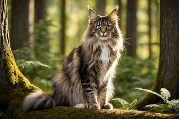 Naklejka na ściany i meble A majestic Maine Coon cat sits gracefully in a serene forest, its luxurious fur highlighted by the gentle sunlight. Perfect for nature and pet themes. generative ai