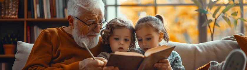 Grandparent Sharing a Classic Tale with Grandchildren Bridging through Timeless Stories and Bonding