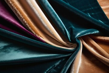 Elegant folds of satin fabric in rich tones of teal, beige, and burgundy, luxury and texture...