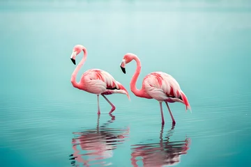 Fotobehang Pink flamingos bird in the lake. © Pacharee