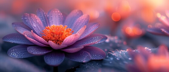 a close up of a purple flower with drops of water on it's petals and a blurry background. - obrazy, fototapety, plakaty