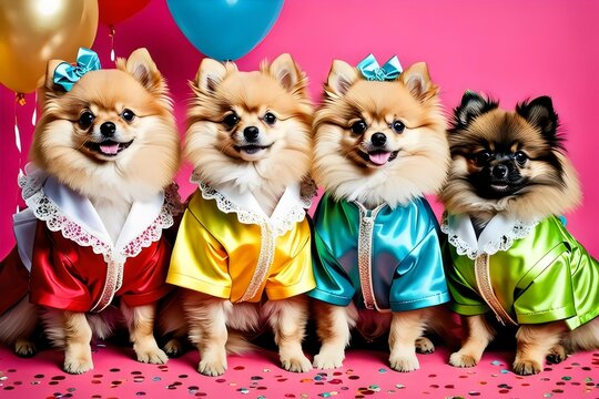 Four Pomeranian puppies in festive attire, celebrating with party hats and balloons on a pink background. generative ai