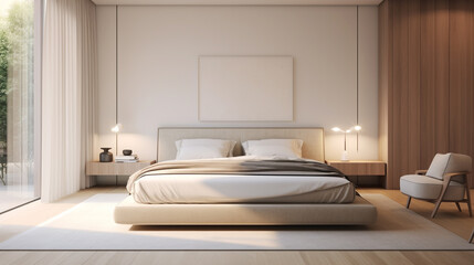 A peaceful, minimalist bedroom with soft, neutral colors, uncluttered decor, and a perfectly made bed, exuding an atmosphere of simplicity and restfulness