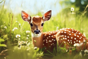 a deer lying in grass - Powered by Adobe