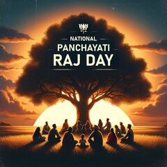 Illustration with a group of people silhouettes united under a large tree for panchayati raj day. - obrazy, fototapety, plakaty