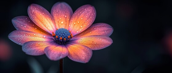 a close up of a flower with drops of water on it's petals and in the background is a blurry background.
