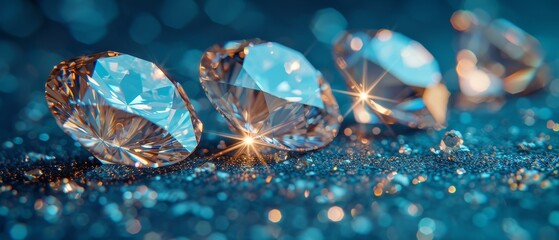 Fototapeta premium a group of diamonds sitting on top of a blue glitter covered table next to a blue and gold glitter background.