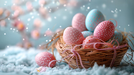 Obraz na płótnie Canvas Colorful Easter eggs in an Easter basket, easter theme background 16:9 high resolution image