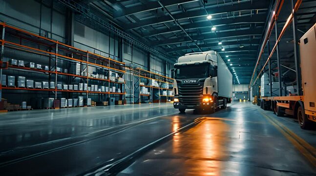 warehouse interior with a white semi truck loading or unloading goods near storage racks filled with freight packages